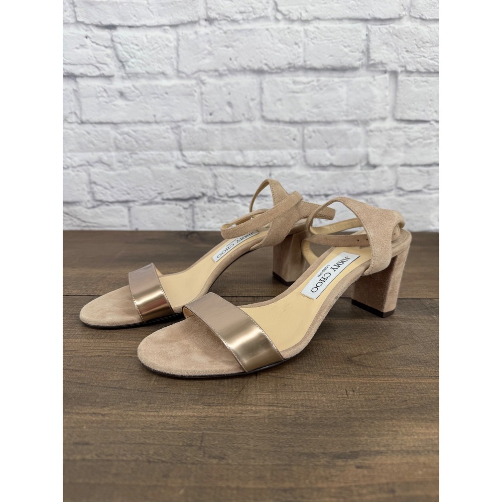 Jimmy Choo Marine 65 Beige Suede Rose Gold Metallic Sandal Block Heel 38.5